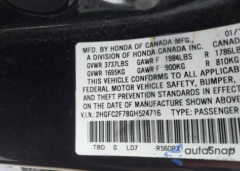 2016 Honda Civic Ex z USA, uszkodzony, nr VIN 2HGFC2F78GH524716